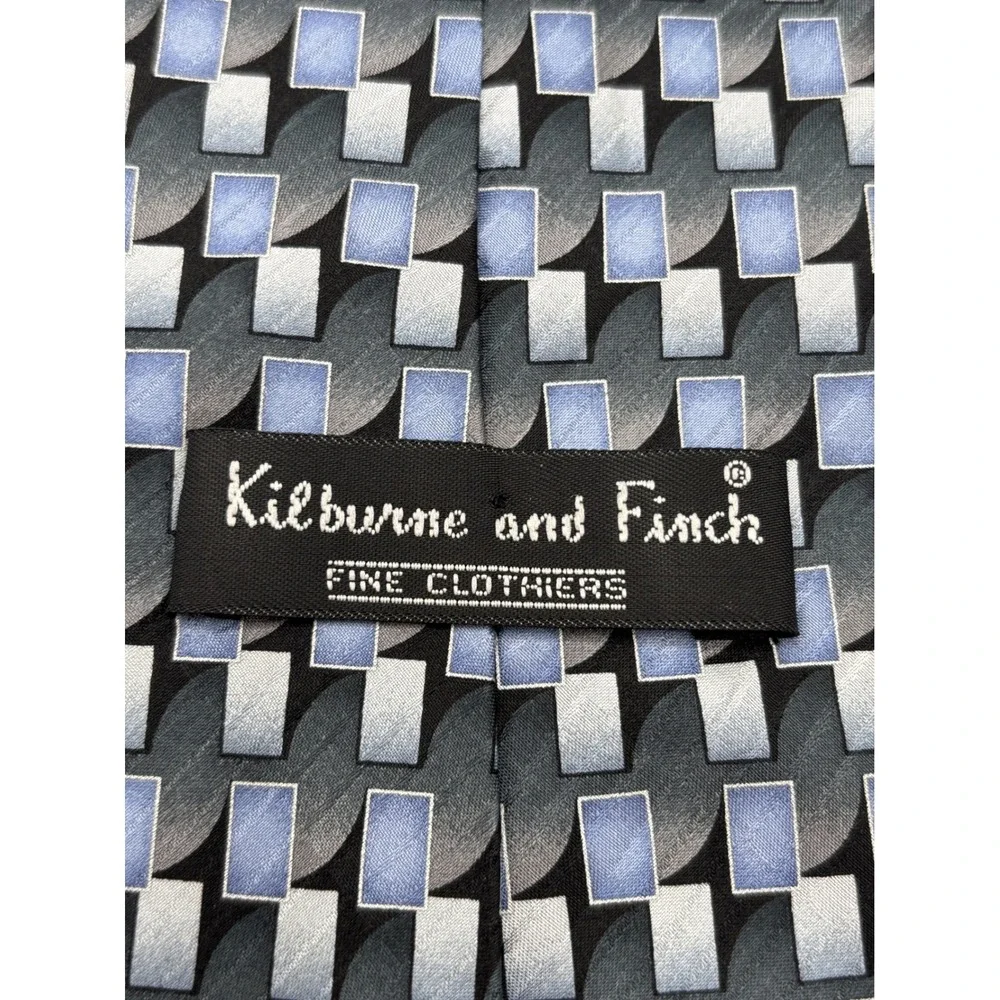 Kilburne & Finch Men's Blue Gray Geometric Silk Necktie Modern Designer Tie